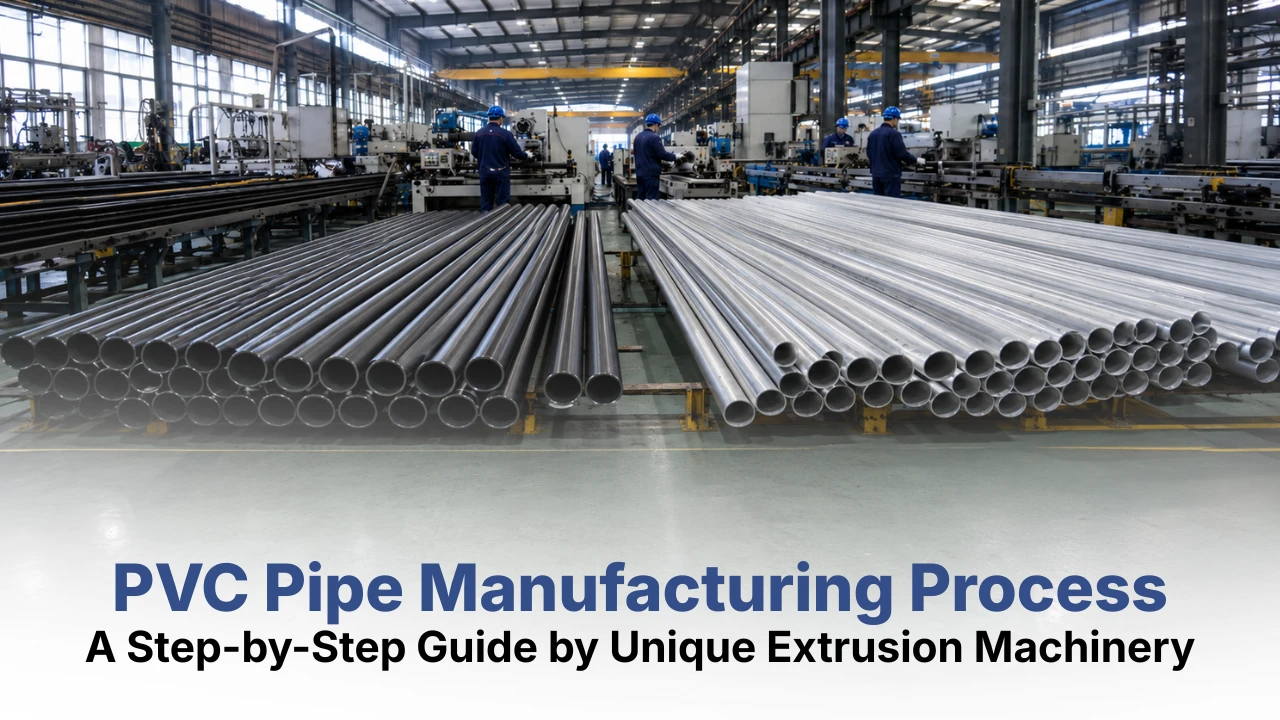 PVC pipe manufacturing process showing extrusion machinery and finished PVC pipe bundles at a modern production factory.
