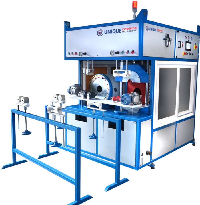 Large blue SWR socketing machine with heating station, indicator beacon and infeed rack, for forming pipe socket ends