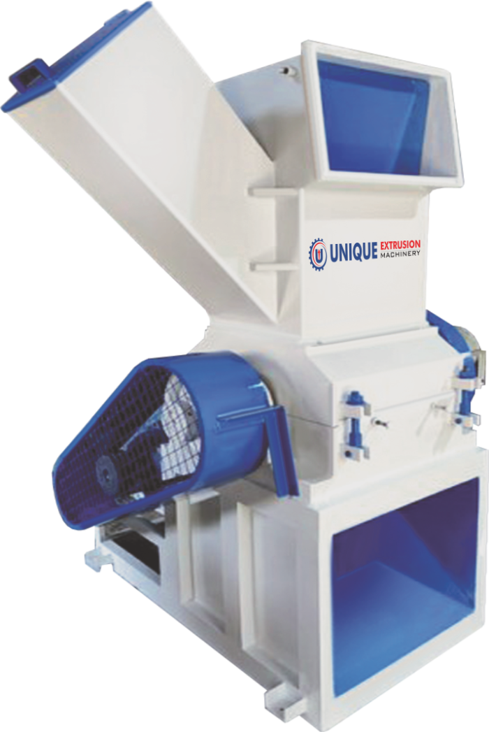 PVC and HDPE scrap grinder with an angled feed hopper, blue rotor housing and drive pulley guard