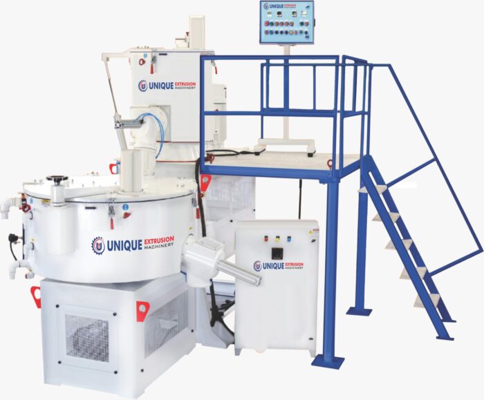 High-speed heater–cooler mixer with access stairs and control panel, used to blend PVC resin with stabilisers and fillers