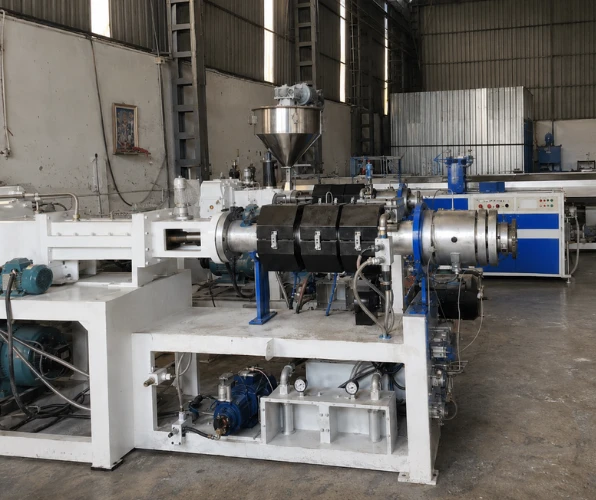 Extrusion machines mid-assembly on the factory floor at Unique Extrusion Machinery's works in Vatva GIDC, Ahmedabad