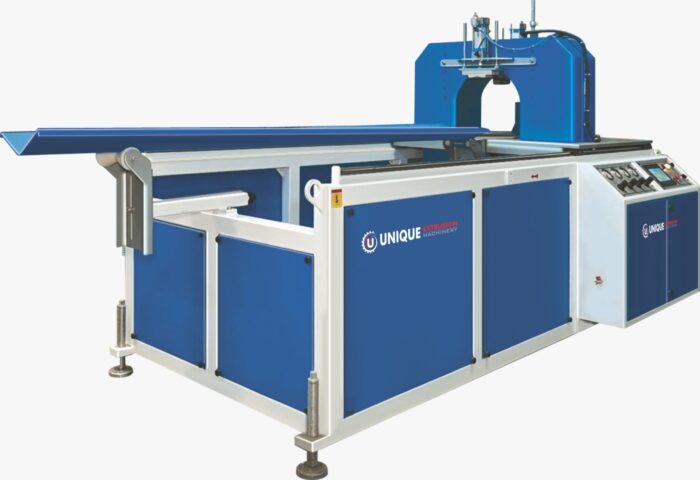 Blue and white planetary cutting unit with a side control console, for cutting PVC pipe to length