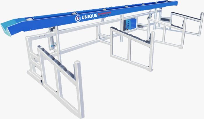 Blue pipe tilting and stacking unit with an inclined roller chute and tubular cradle frames