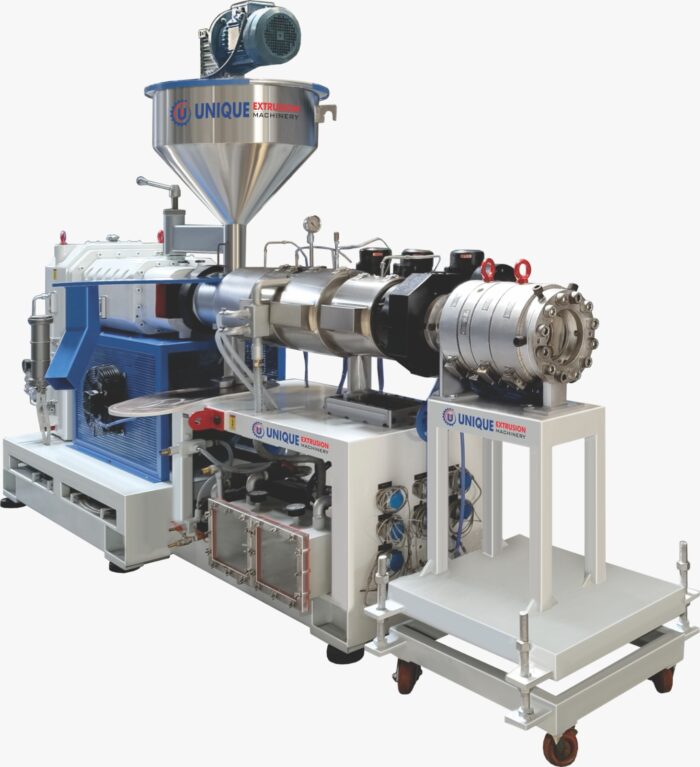 Conical twin-screw extruder with a large feed hopper and blower, used for CPVC and uPVC pipe
