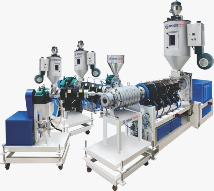 High-speed single-screw extruder line with several hoppers and dosing units, used for HDPE and PPR pipe
