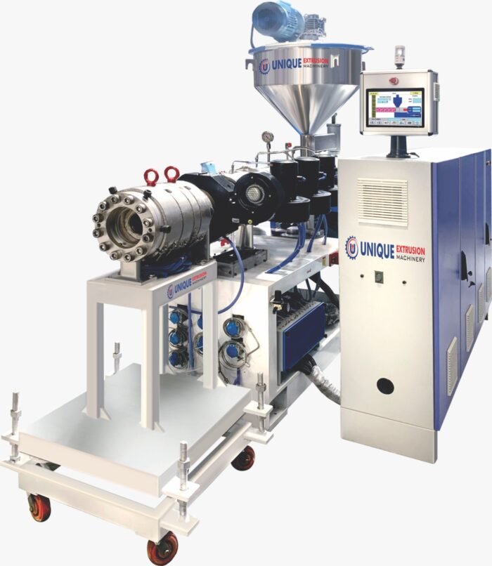 Parallel twin-screw extruder with feed hopper, gearbox barrel and control cabinet for PVC pipe extrusion