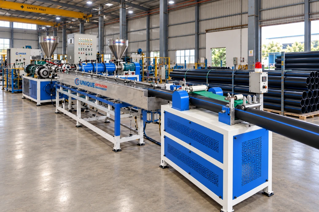 HDPE pipe making machine extrusion line manufacturing black HDPE pipes at Unique Extrusion Machinery in Ahmedabad.