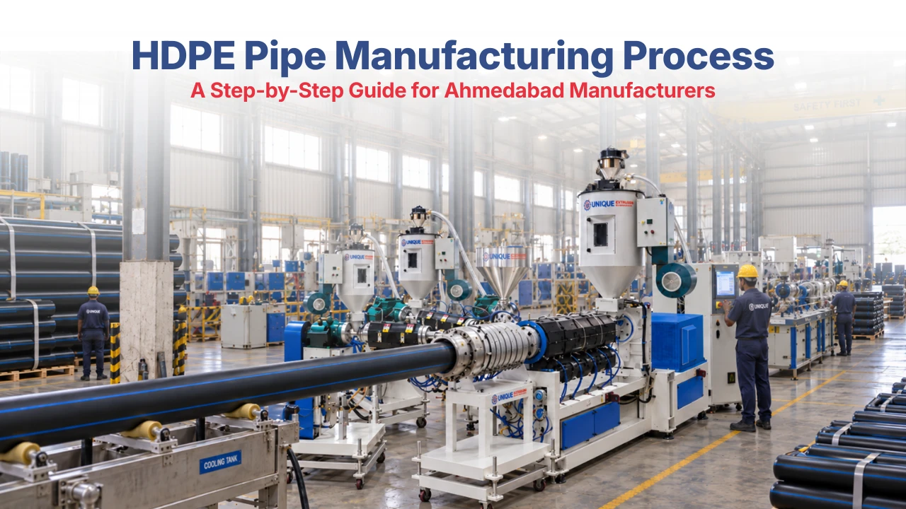 HDPE pipe manufacturing process showing an industrial extrusion machine producing HDPE pipes at a manufacturing facility in Ahmedabad.