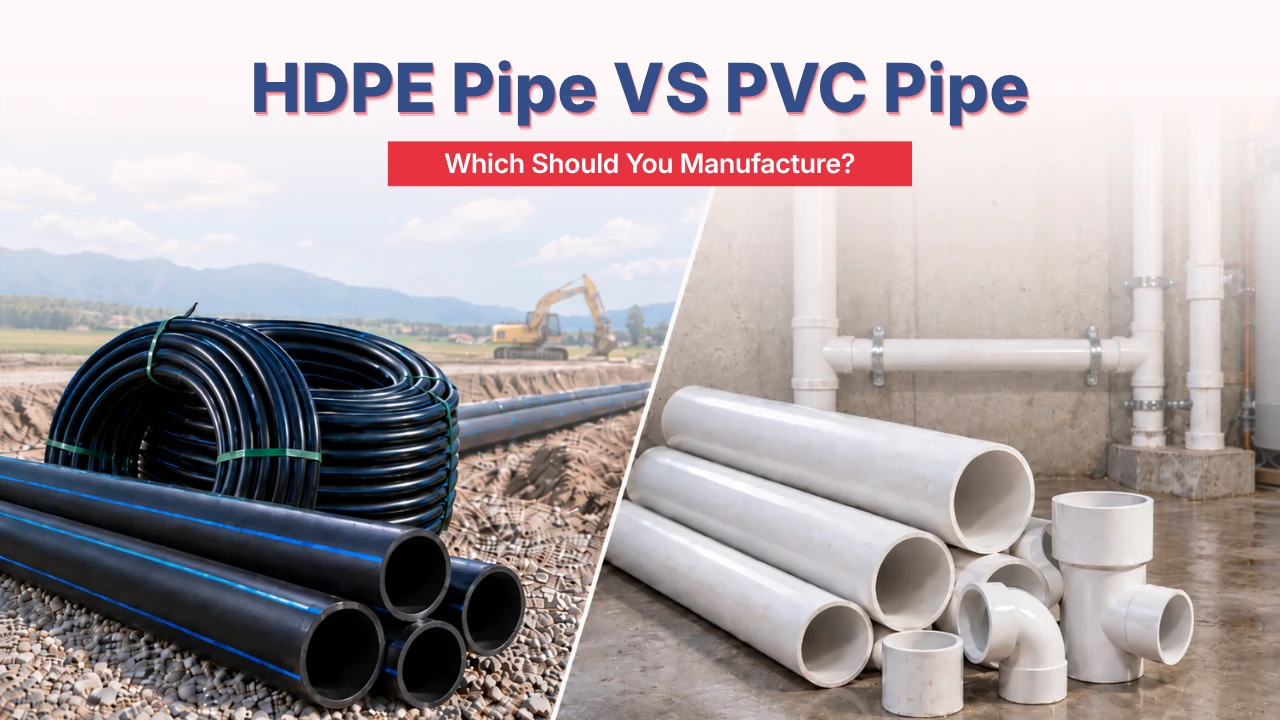 HDPE vs PVC pipe comparison showing black HDPE pipes and white PVC pipes for manufacturing and industrial applications.