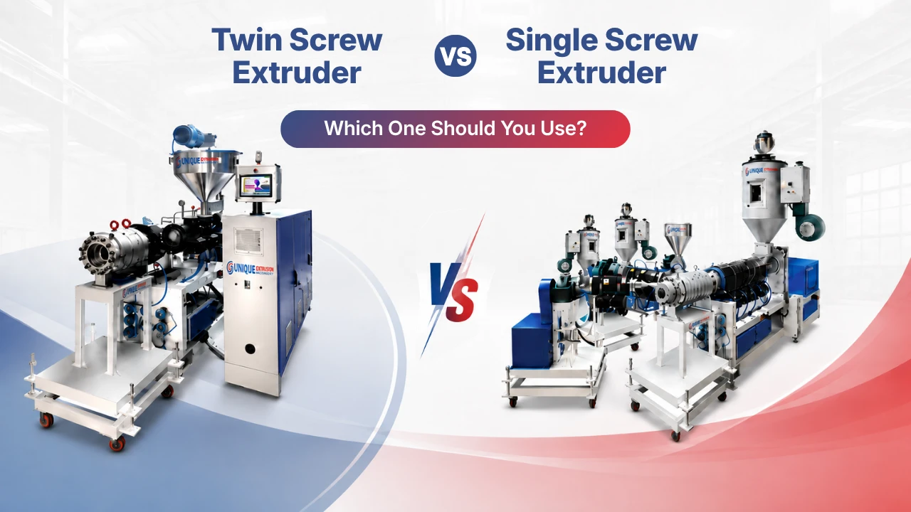 Twin screw vs single screw extruder comparison showing single screw and twin screw extrusion machines for plastic pipe manufacturing