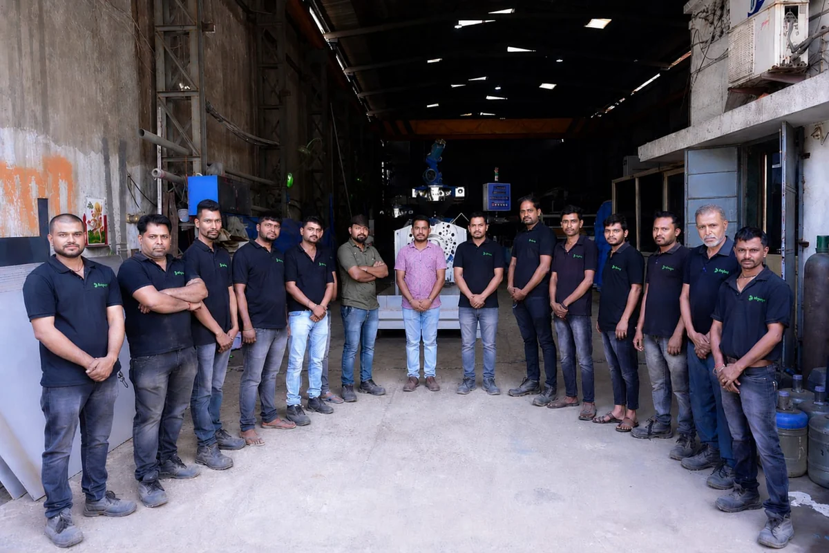 Unique Extrusion Machinery engineering and service team standing on the factory floor in Ahmedabad